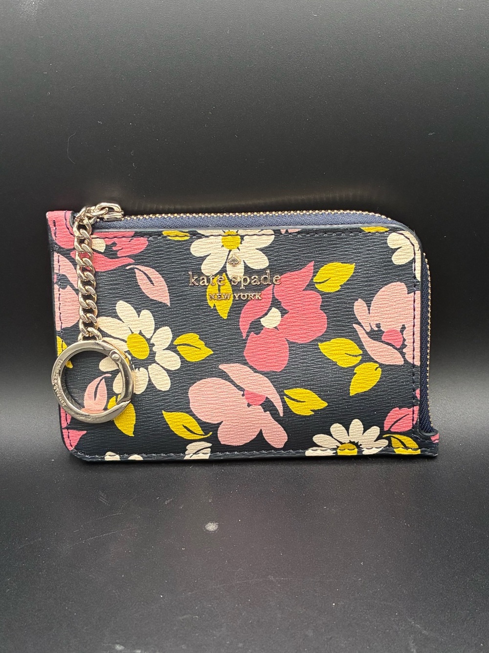 Kate Spade Darcy Road Trip Floral L-Zip Card Holder Wallet Navy Multi Key Ring
